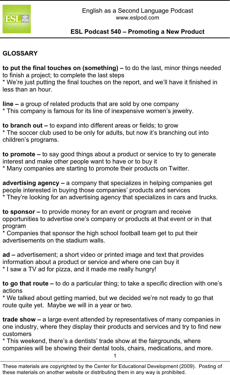 Page 1 of 10 - L_ESLPod_540_Guide ESLPod 540 Guide - Promoting A New Product