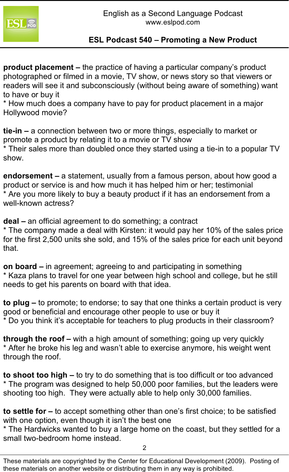 Page 2 of 10 - L_ESLPod_540_Guide ESLPod 540 Guide - Promoting A New Product