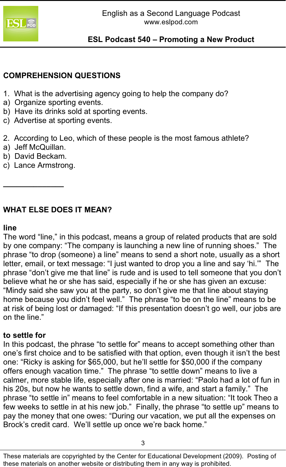 Page 3 of 10 - L_ESLPod_540_Guide ESLPod 540 Guide - Promoting A New Product