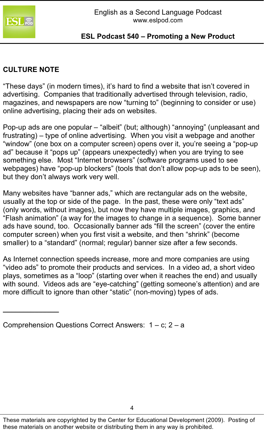 Page 4 of 10 - L_ESLPod_540_Guide ESLPod 540 Guide - Promoting A New Product