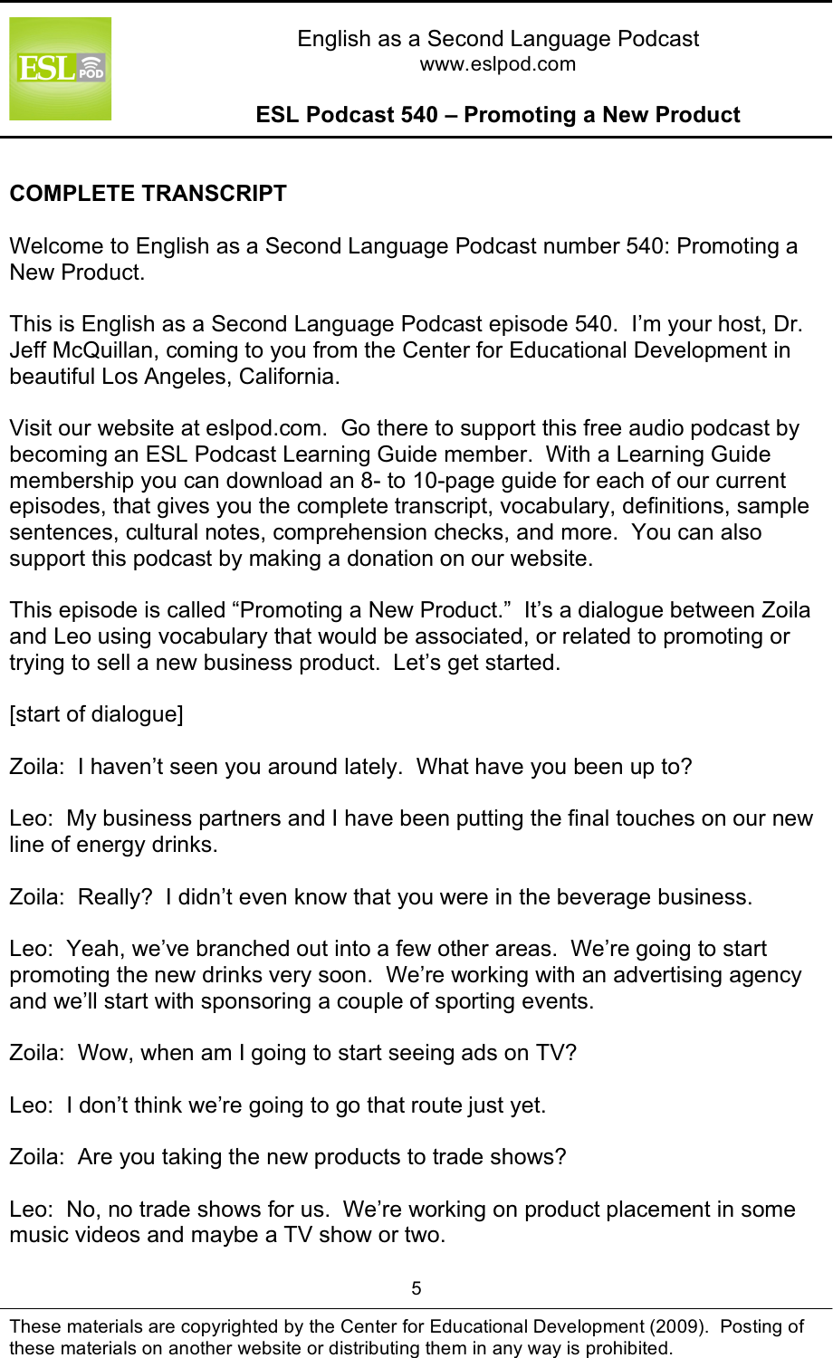 Page 5 of 10 - L_ESLPod_540_Guide ESLPod 540 Guide - Promoting A New Product