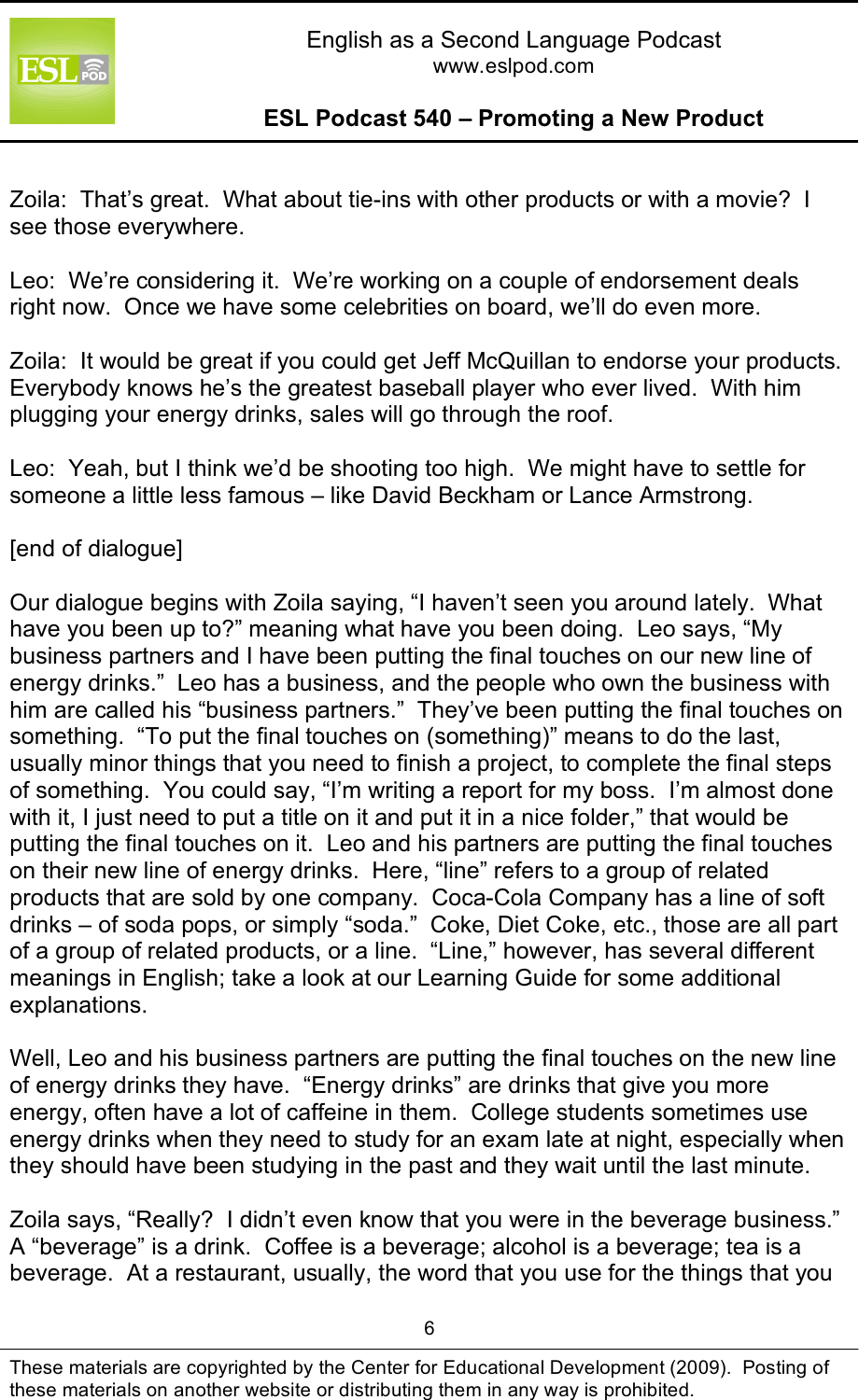 Page 6 of 10 - L_ESLPod_540_Guide ESLPod 540 Guide - Promoting A New Product