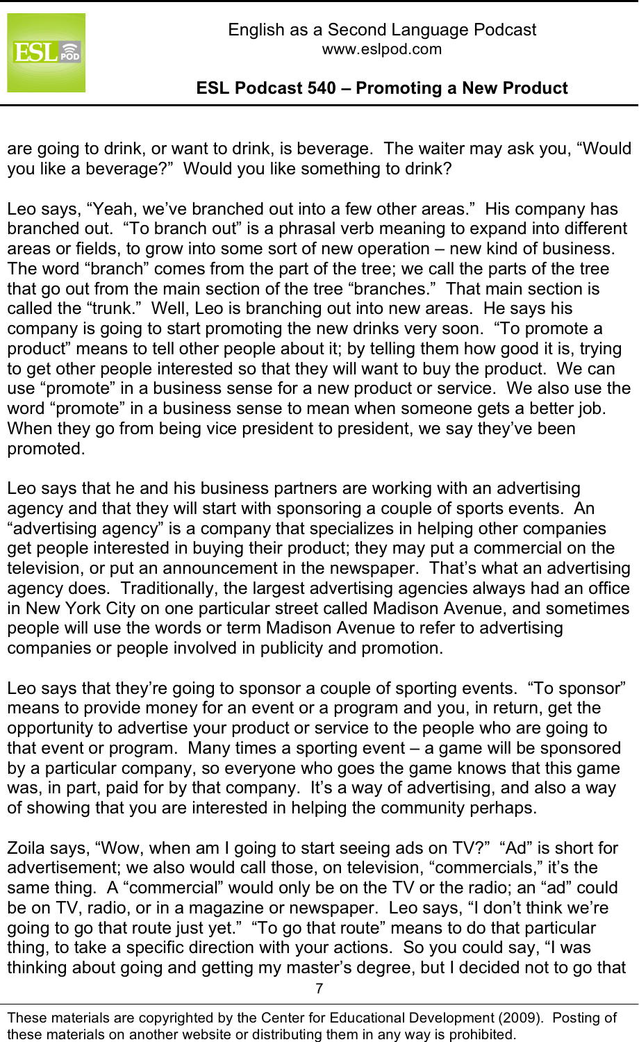 Page 7 of 10 - L_ESLPod_540_Guide ESLPod 540 Guide - Promoting A New Product