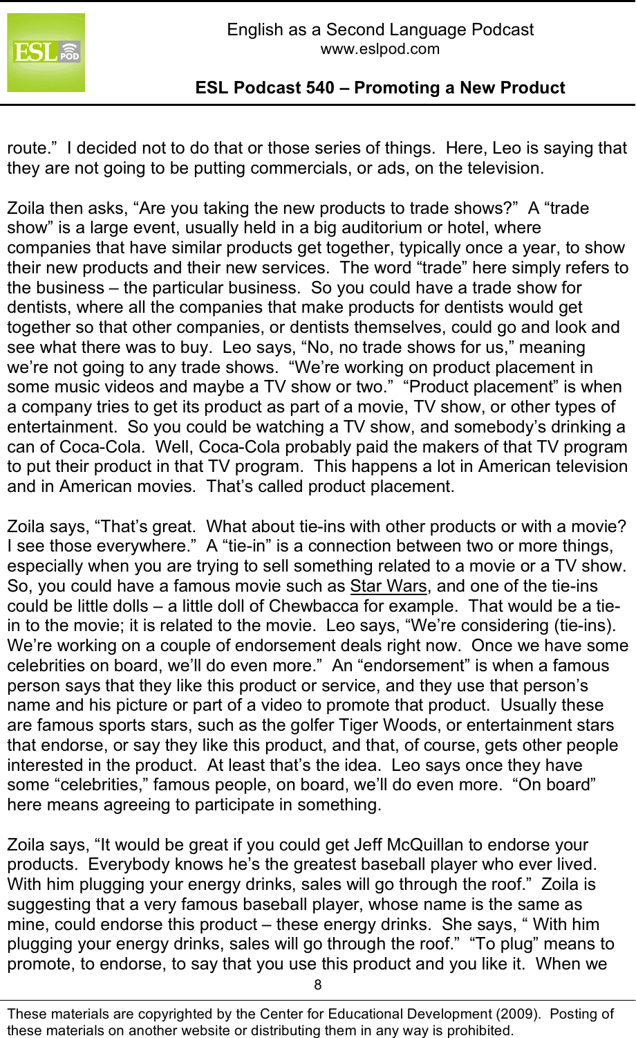 Page 8 of 10 - L_ESLPod_540_Guide ESLPod 540 Guide - Promoting A New Product