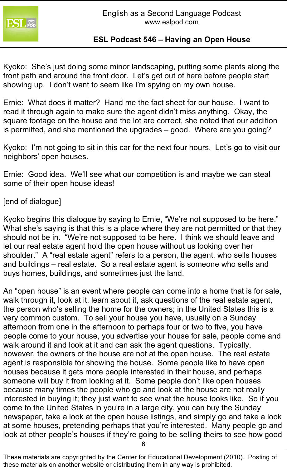 Page 6 of 10 - L_ESLPod_546_Guide ESLPod 546 Guide - Having An Open House