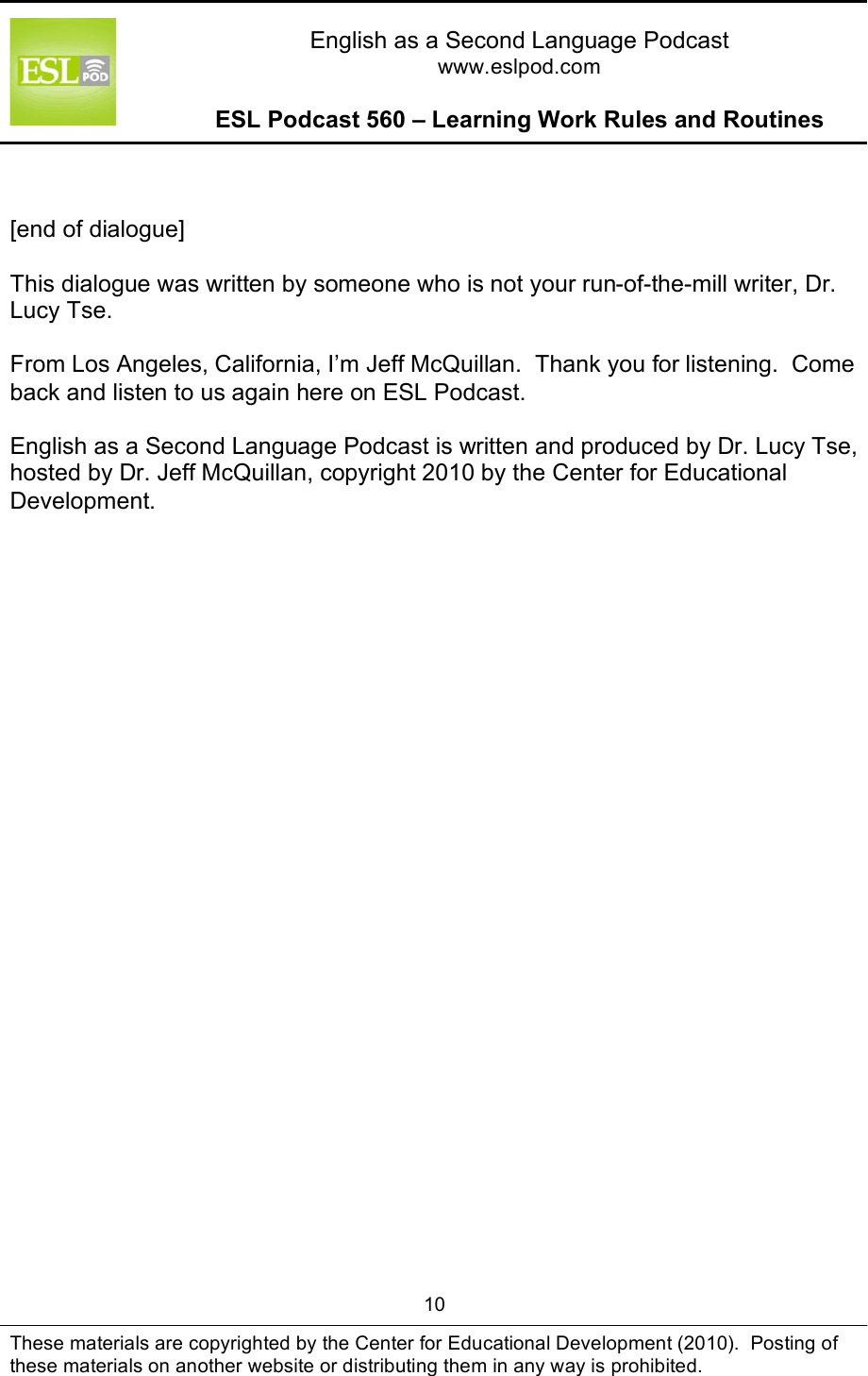 Page 10 of 10 - 560 – Learning Work Rules And Routines Edited ESLPod Guide