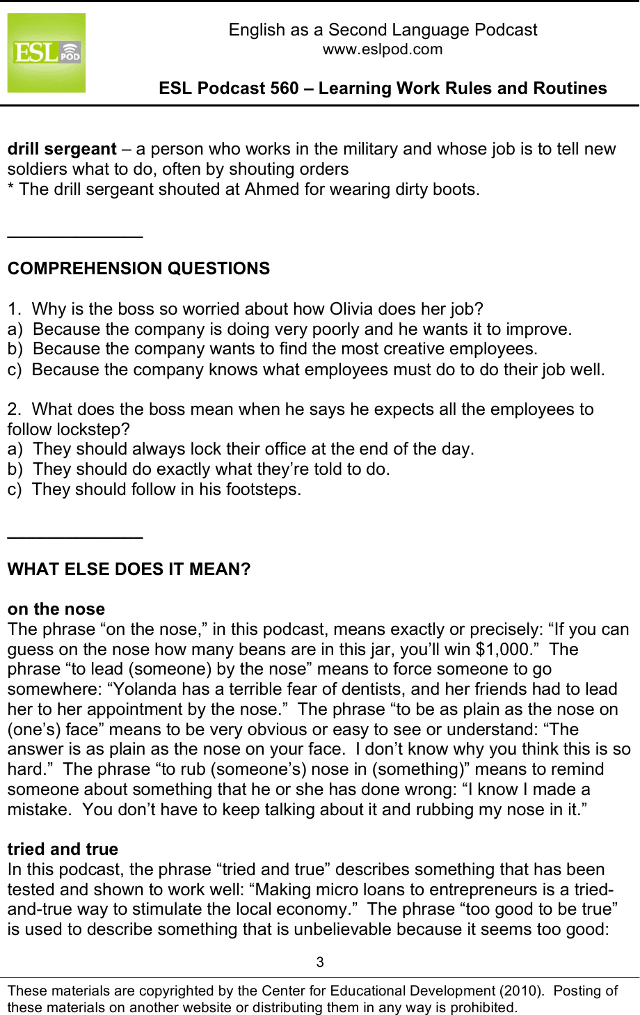 Page 3 of 10 - 560 – Learning Work Rules And Routines Edited ESLPod Guide