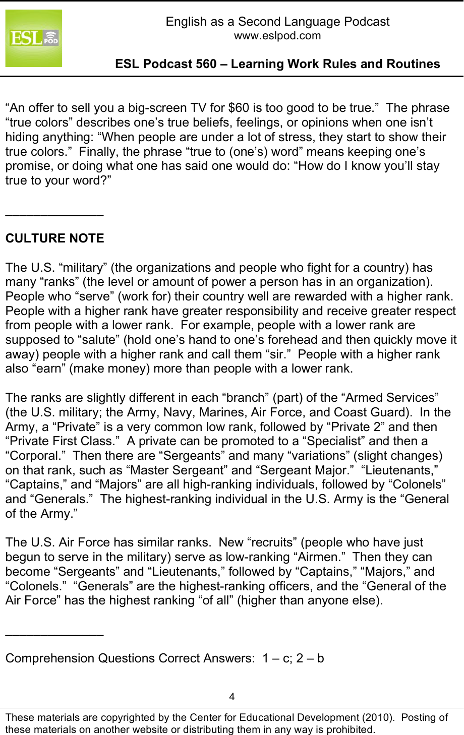 Page 4 of 10 - 560 – Learning Work Rules And Routines Edited ESLPod Guide