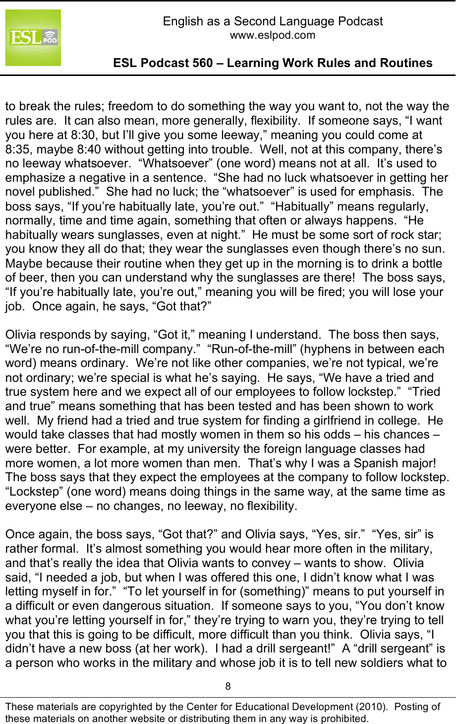 Page 8 of 10 - 560 – Learning Work Rules And Routines Edited ESLPod Guide