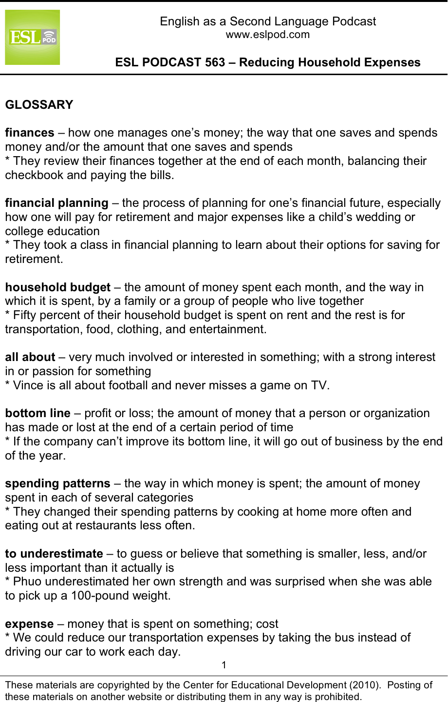 Page 1 of 9 - L_ESLPod_563_Guide ESLPod 563 Guide - Reducing Household Expenses