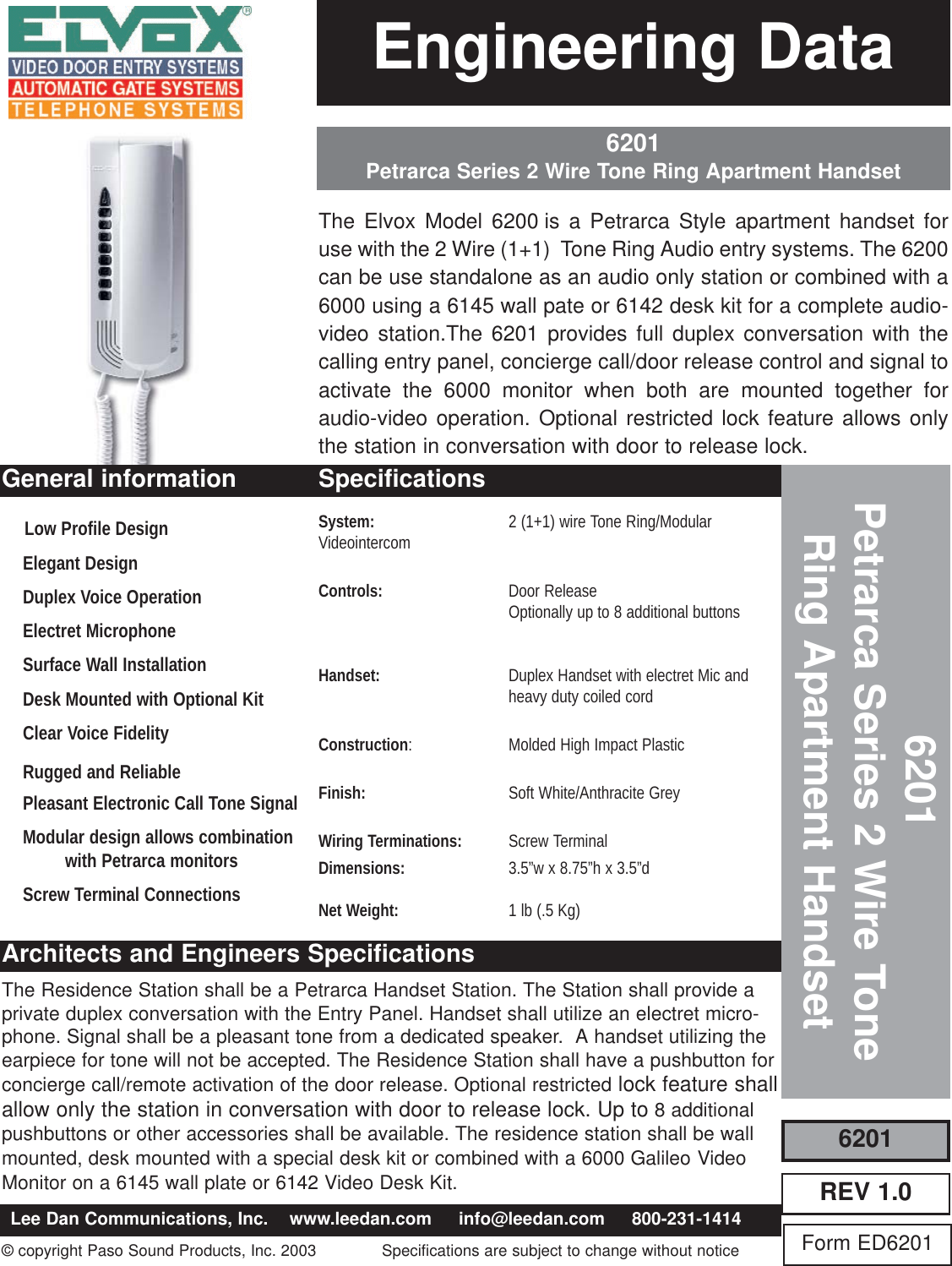 Page 1 of 1 - ELVOX  6201 2-Wire Tone Ring Apartment Intercom Handset Elvox-6201