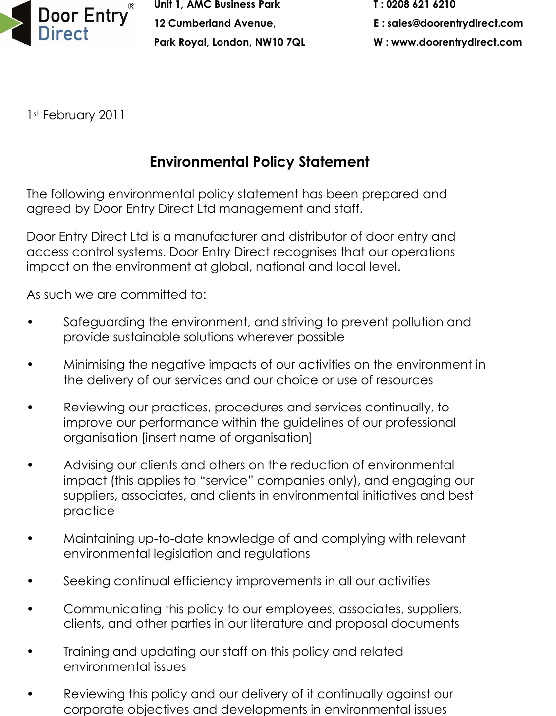 Environment Statement And Policy 20110201