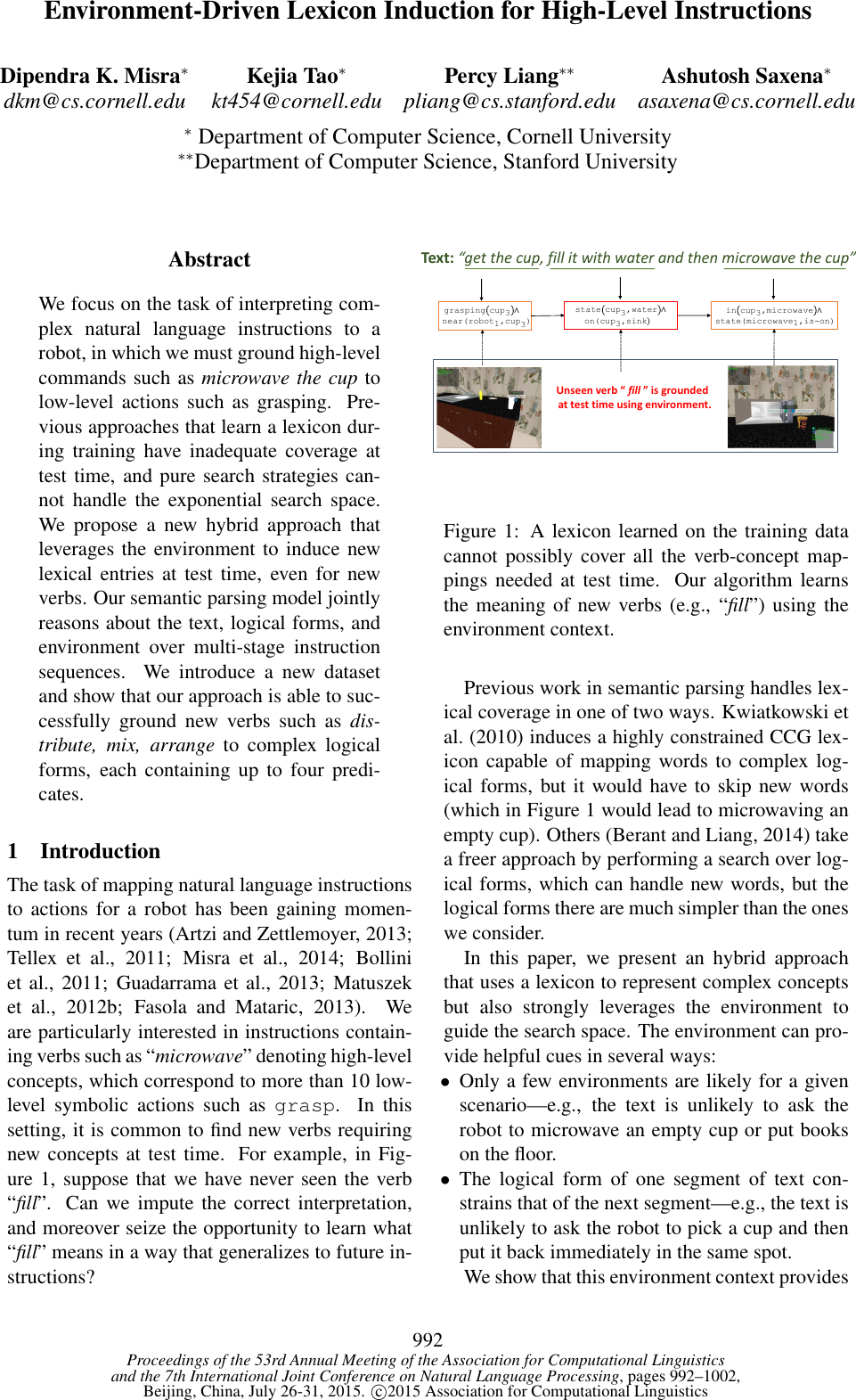 Environment Driven Lexicon Induction For High Level Instructions