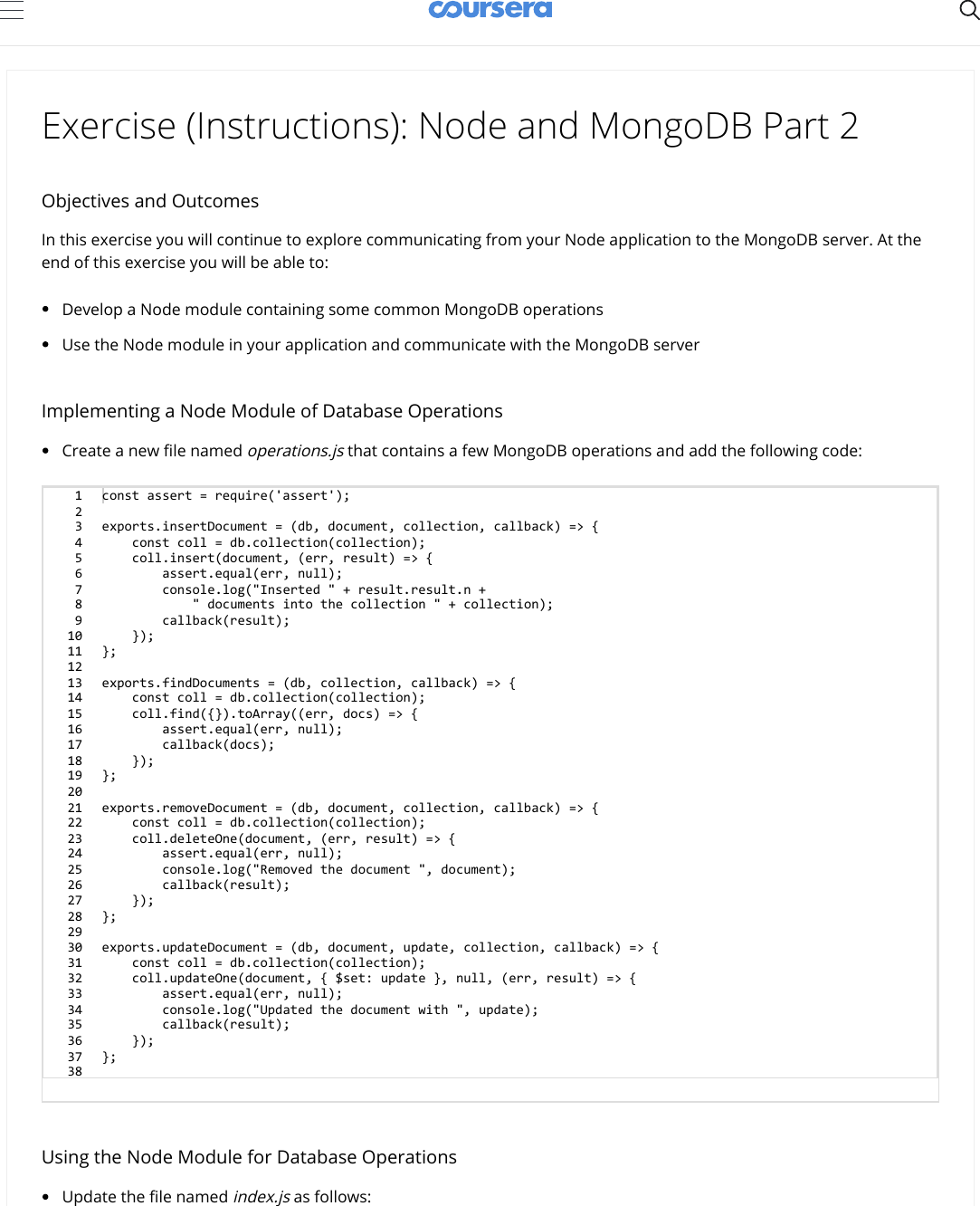 Exercise (Instructions) Node And Mongo DB Part 2 Coursera