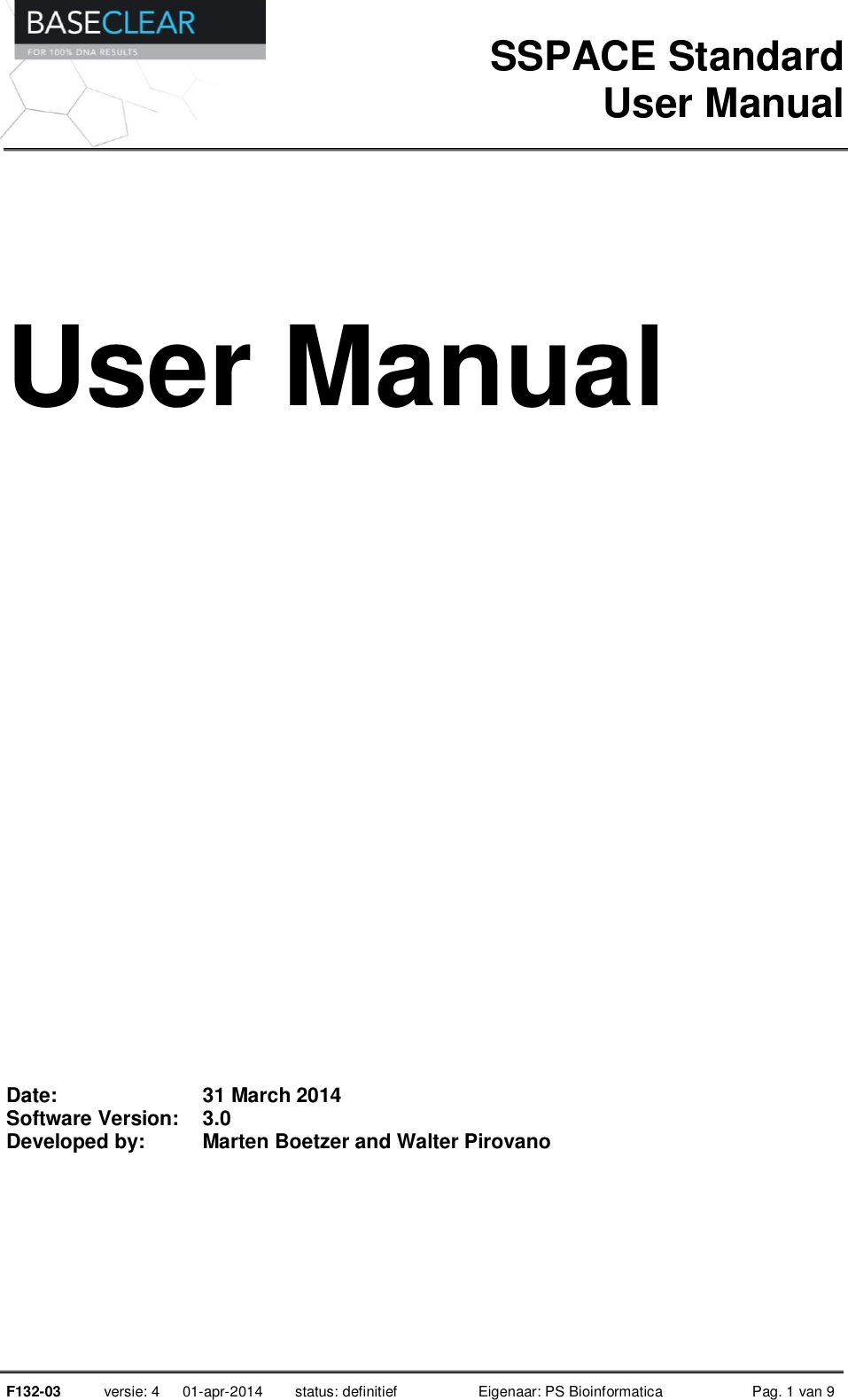 Page 1 of 9 - Titel Van Het Formulier F132-03 SSPACE Standard User Manual V3.0