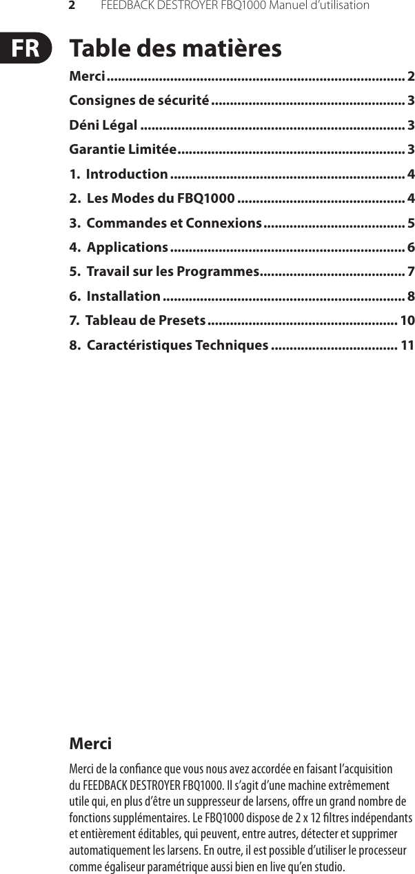 Page 2 of 12 - FEEDBACK DESTROYER FBQ1000 Behringer User Manual (French) P0A3R M FR