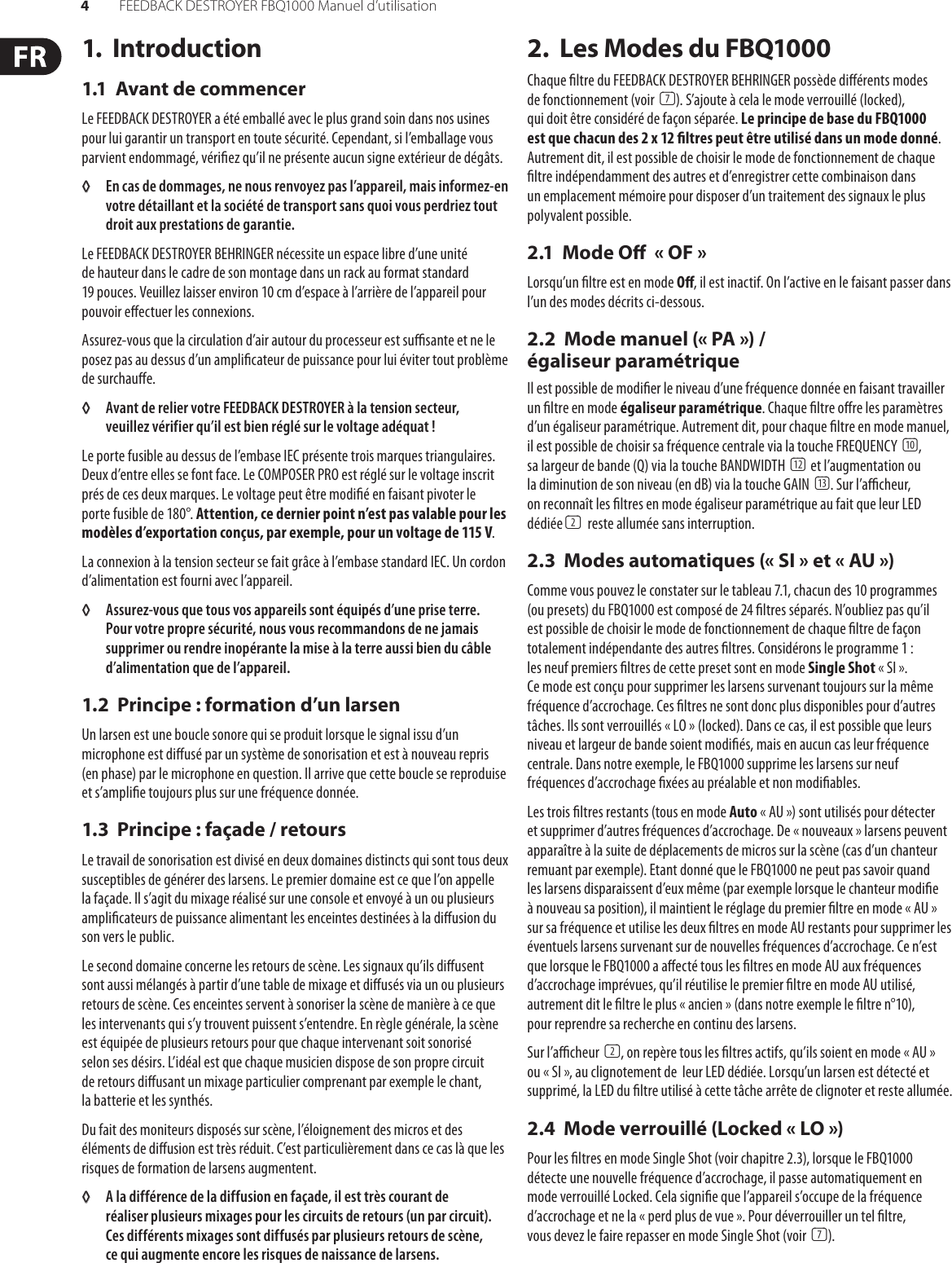Page 4 of 12 - FEEDBACK DESTROYER FBQ1000 Behringer User Manual (French) P0A3R M FR