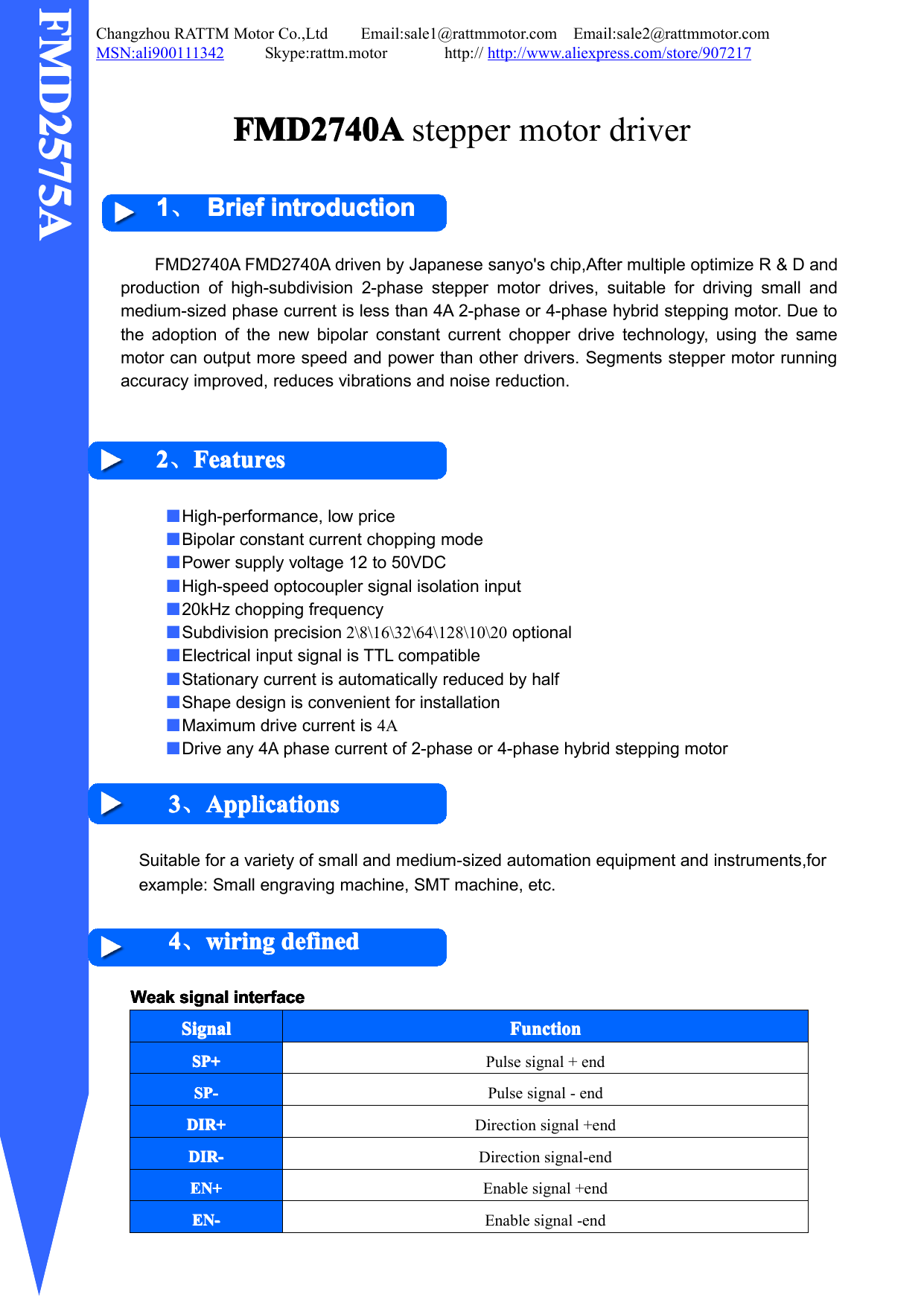 Page 2 of 7 - FMD2740A Stepper Motor Driver User Manual