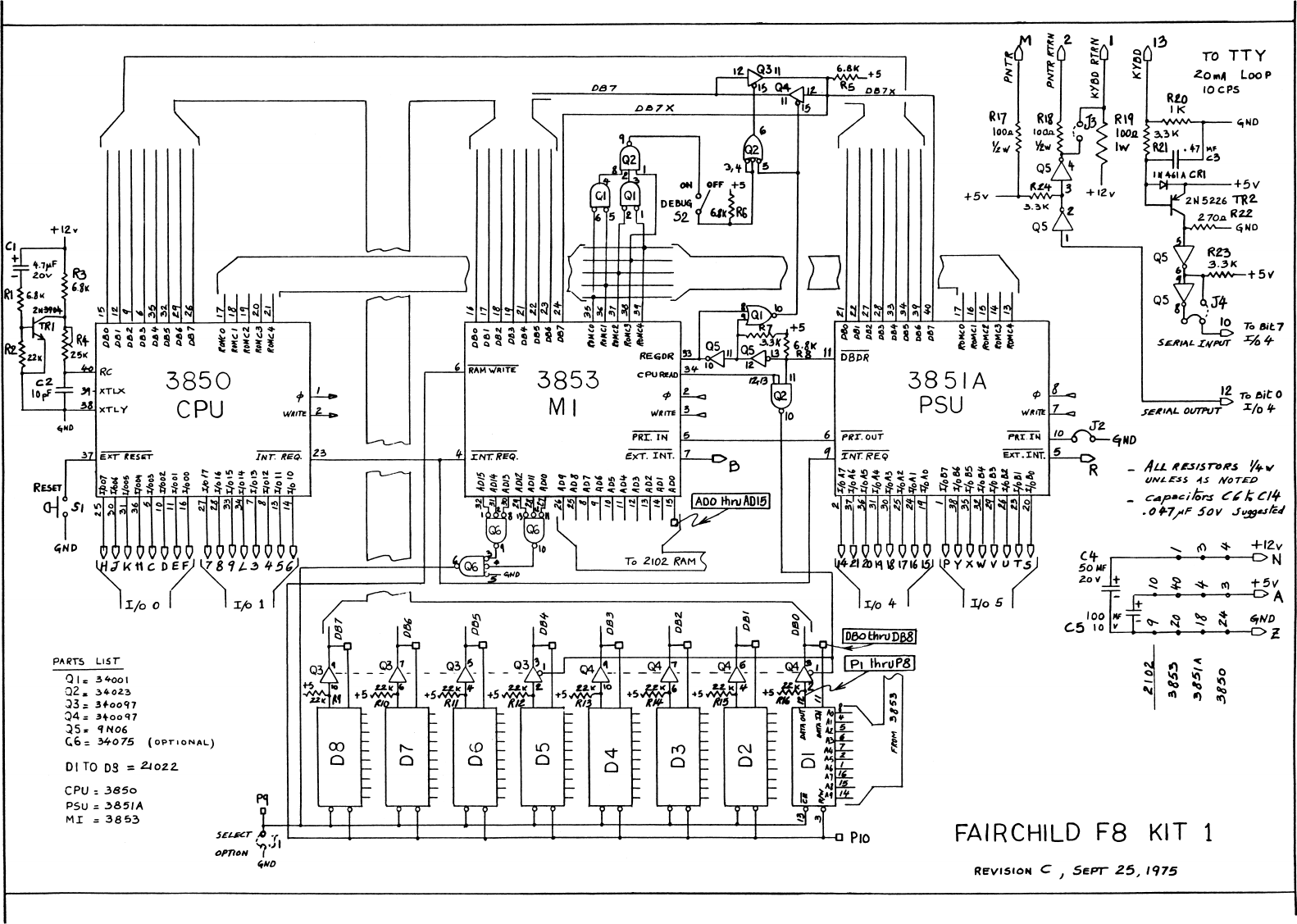 Page 1 of 1 - Fairchild F8 Kit 1 Schematic, Revision C, 25-Sep-1975 (1200dpi) Fairchild_F8_Kit_1_schematic_rev_C_1975 Schematic Rev C 1975