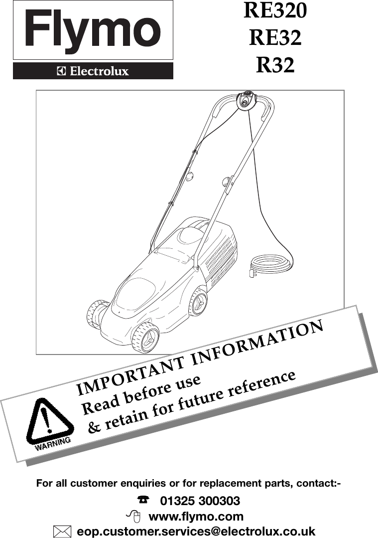 Page 1 of 8 - OM, Flymo, RE320, RE32, R32, 96432020100, 96434022500, 96434022600, 2006-03, Electric Lawn Mower, EN  !! Flymo-16