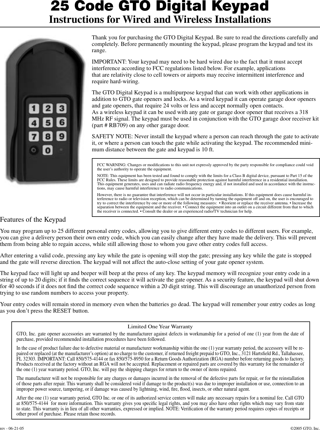 Page 1 of 5 - New Keypad Instrs 6-21-05  !! GTO-Wireless-Wire-Keypad-Gate-Opener-Manual