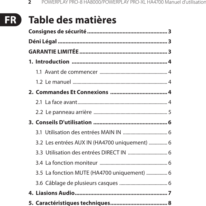 Page 2 of 10 - POWERPLAY PRO-8 HA8000/PRO-XL HA4700 Behringer User Manual (French) HA8000 P0184 M FR