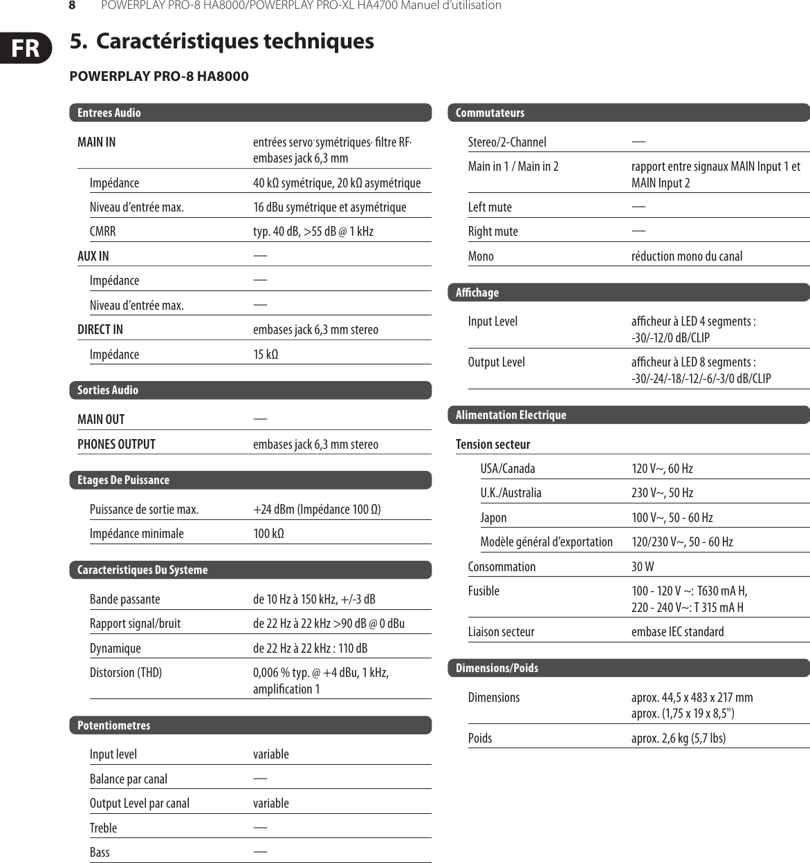 Page 8 of 10 - POWERPLAY PRO-8 HA8000/PRO-XL HA4700 Behringer User Manual (French) HA8000 P0184 M FR