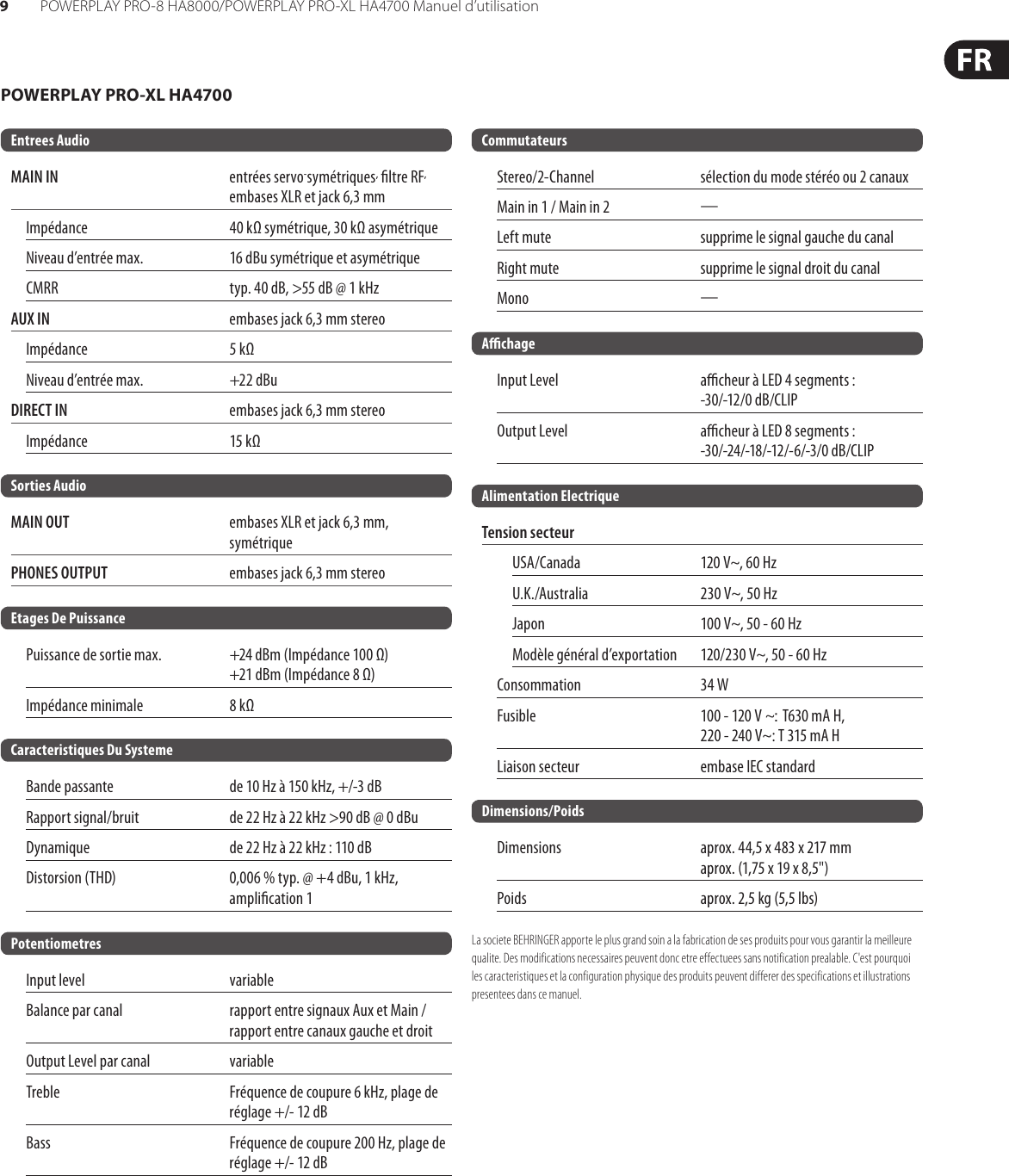 Page 9 of 10 - POWERPLAY PRO-8 HA8000/PRO-XL HA4700 Behringer User Manual (French) HA8000 P0184 M FR