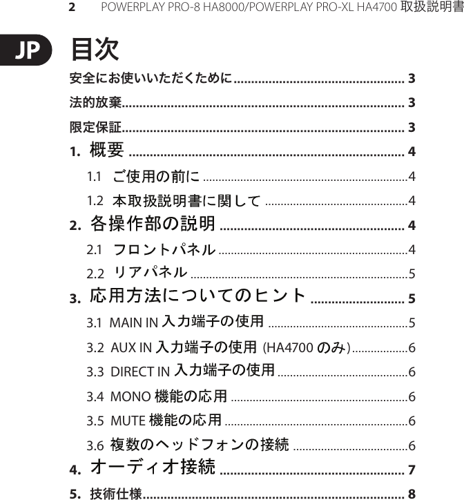 Page 2 of 10 - POWERPLAY PRO-8 HA8000/PRO-XL HA4700 Behringer User Manual (Japanese) HA8000 P0184 M JA