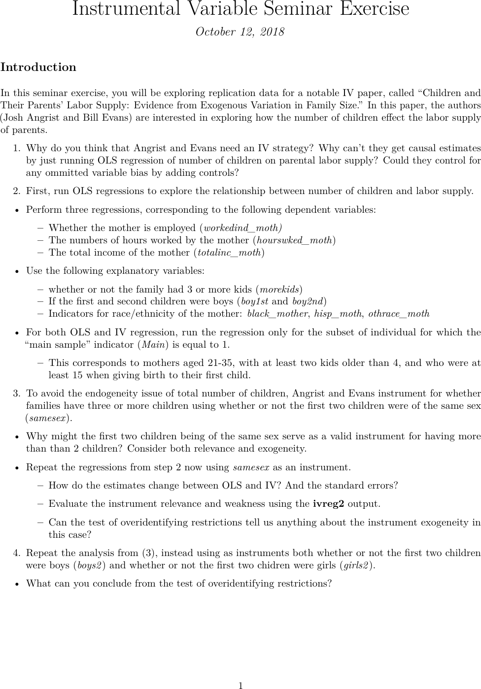 Instrumental Variable Seminar Exercise IV Instructions