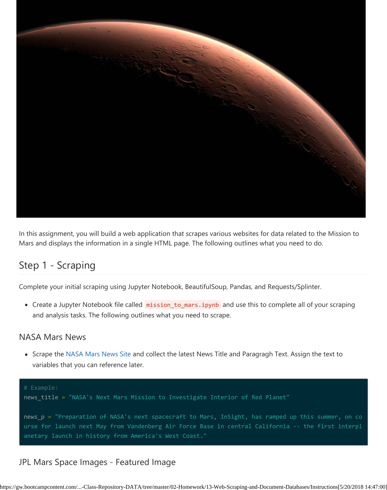 Page 1 of 5 - 02-Homework/13-Web-Scraping-and--Databases/Instructions · Master GW-Coding-Boot-Camp / GWAR201802DATA4-Class-Repositor Instructions