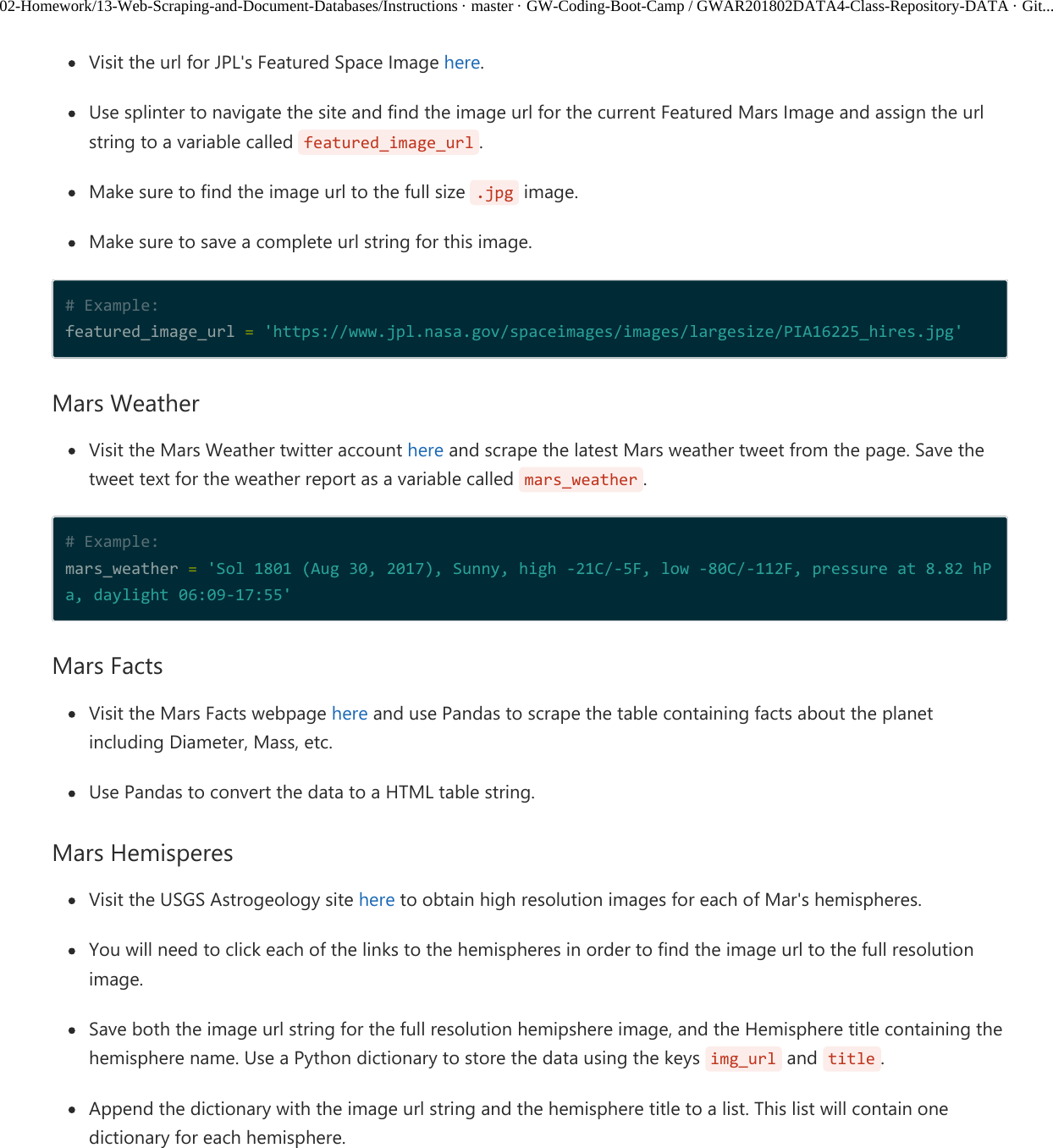 Page 2 of 5 - 02-Homework/13-Web-Scraping-and--Databases/Instructions · Master GW-Coding-Boot-Camp / GWAR201802DATA4-Class-Repositor Instructions