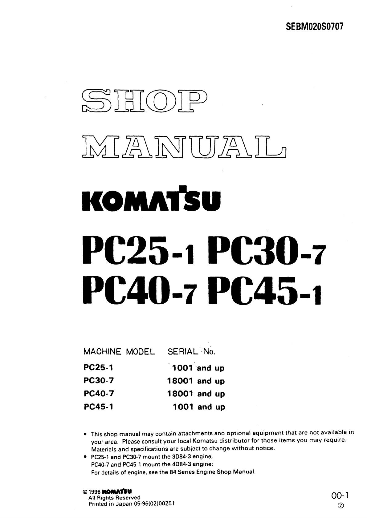 Sebd0s0707 Pc25 1 Pc30 7 Pc40 7 Pc45 1 Hydraulic Excavator Komatsu Service Manual