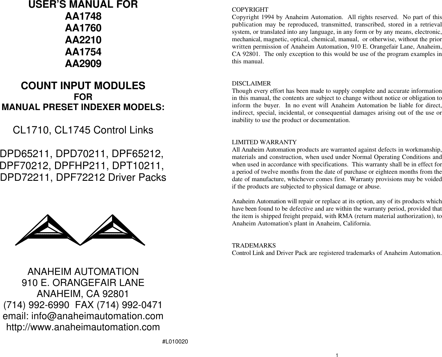 Page 1 of 6 - Count Input Module L010020 - AA1748, AA1760, AA2210, AA1754, AA2909 Users Guide