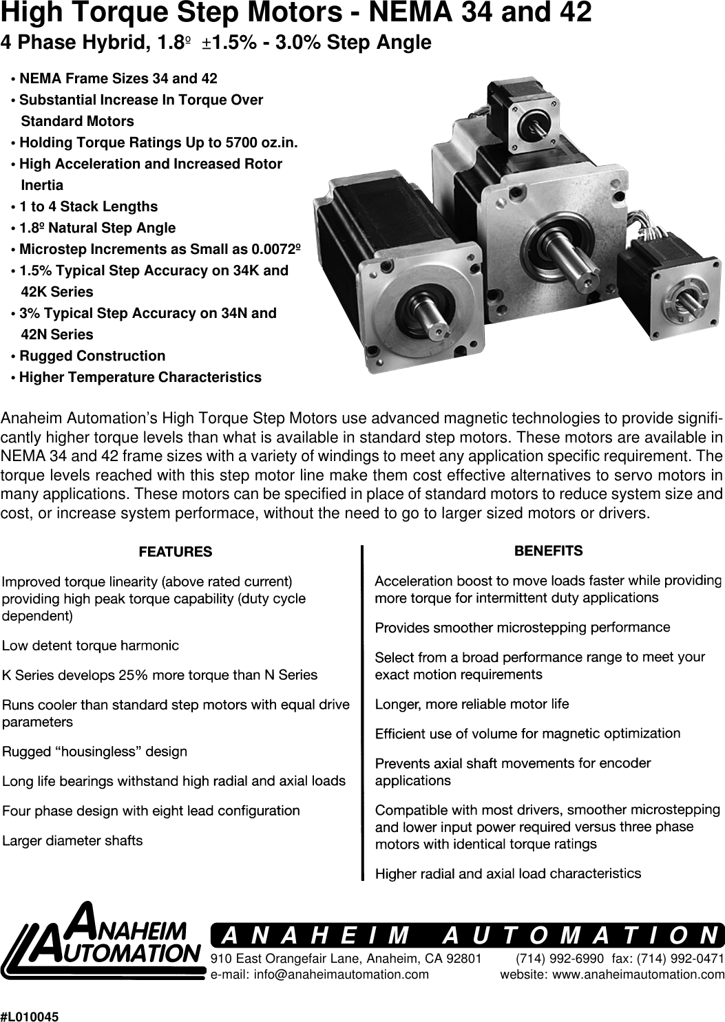 Page 1 of 4 - 34N, 34K, 42N, 42K Series Step Motors Spec Sheet L010045 - High Torque Motor