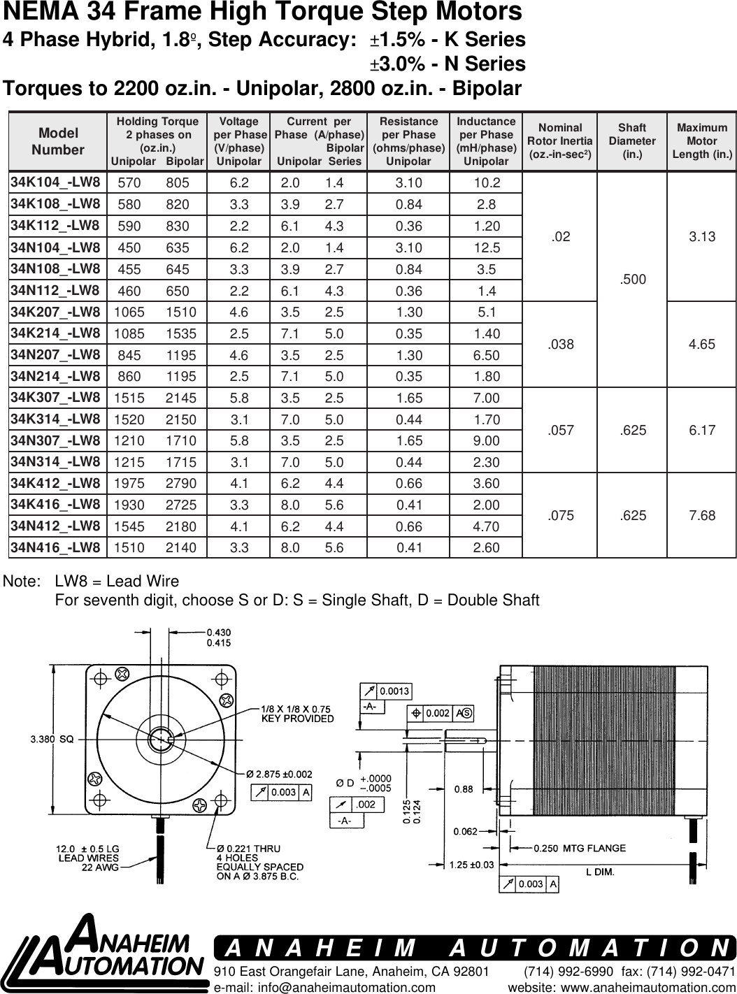 Page 2 of 4 - 34N, 34K, 42N, 42K Series Step Motors Spec Sheet L010045 - High Torque Motor