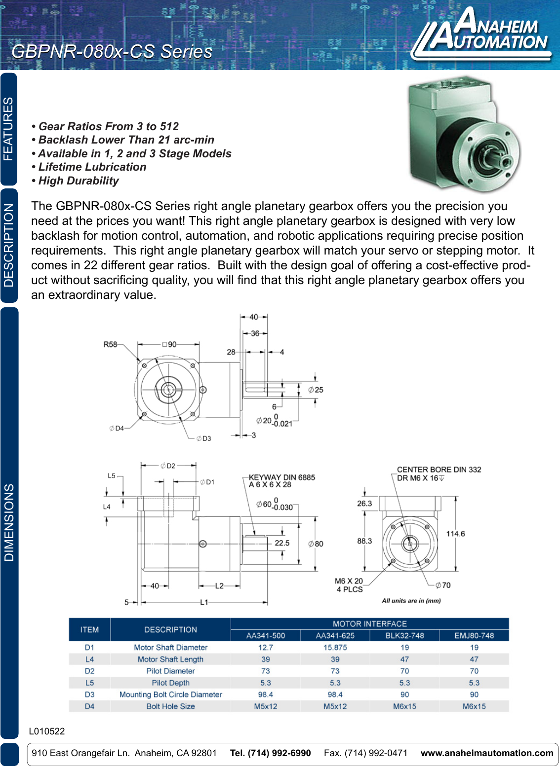 Page 1 of 2 - L010522 - GBPNR-080x-CS Series Spec Sheet