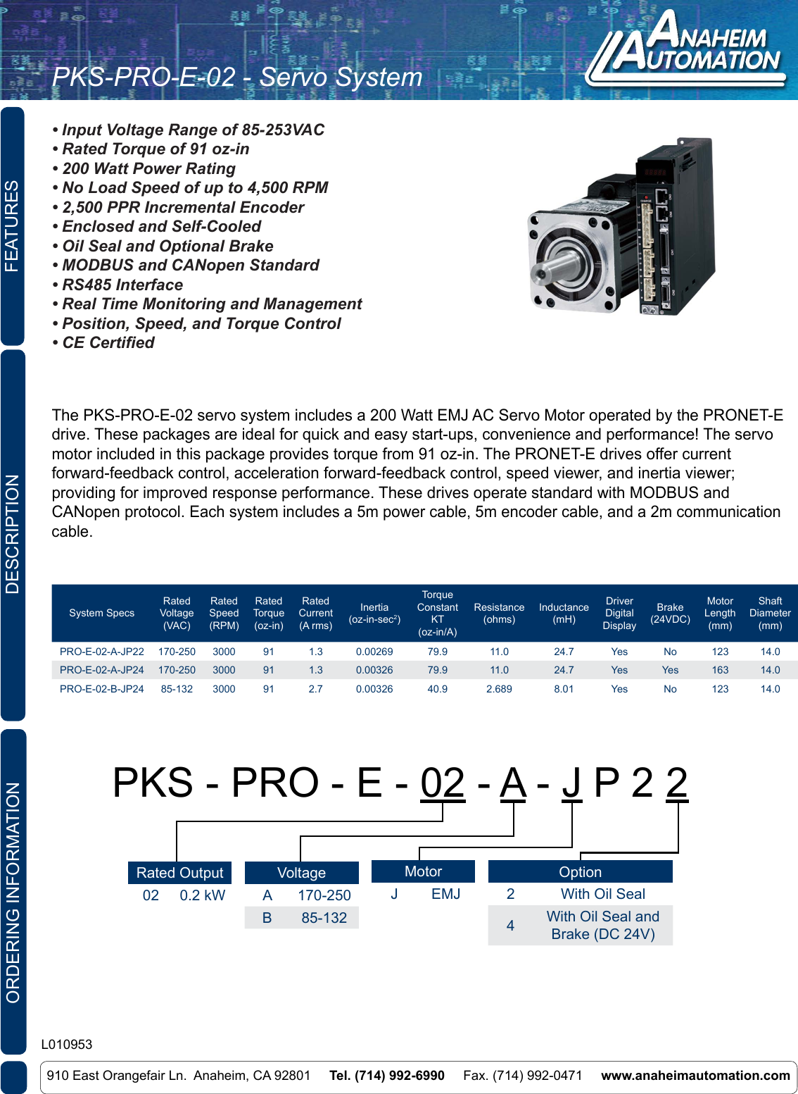Page 1 of 7 - L010953 - PRO-E-02 Servo Systems Spec Sheet
