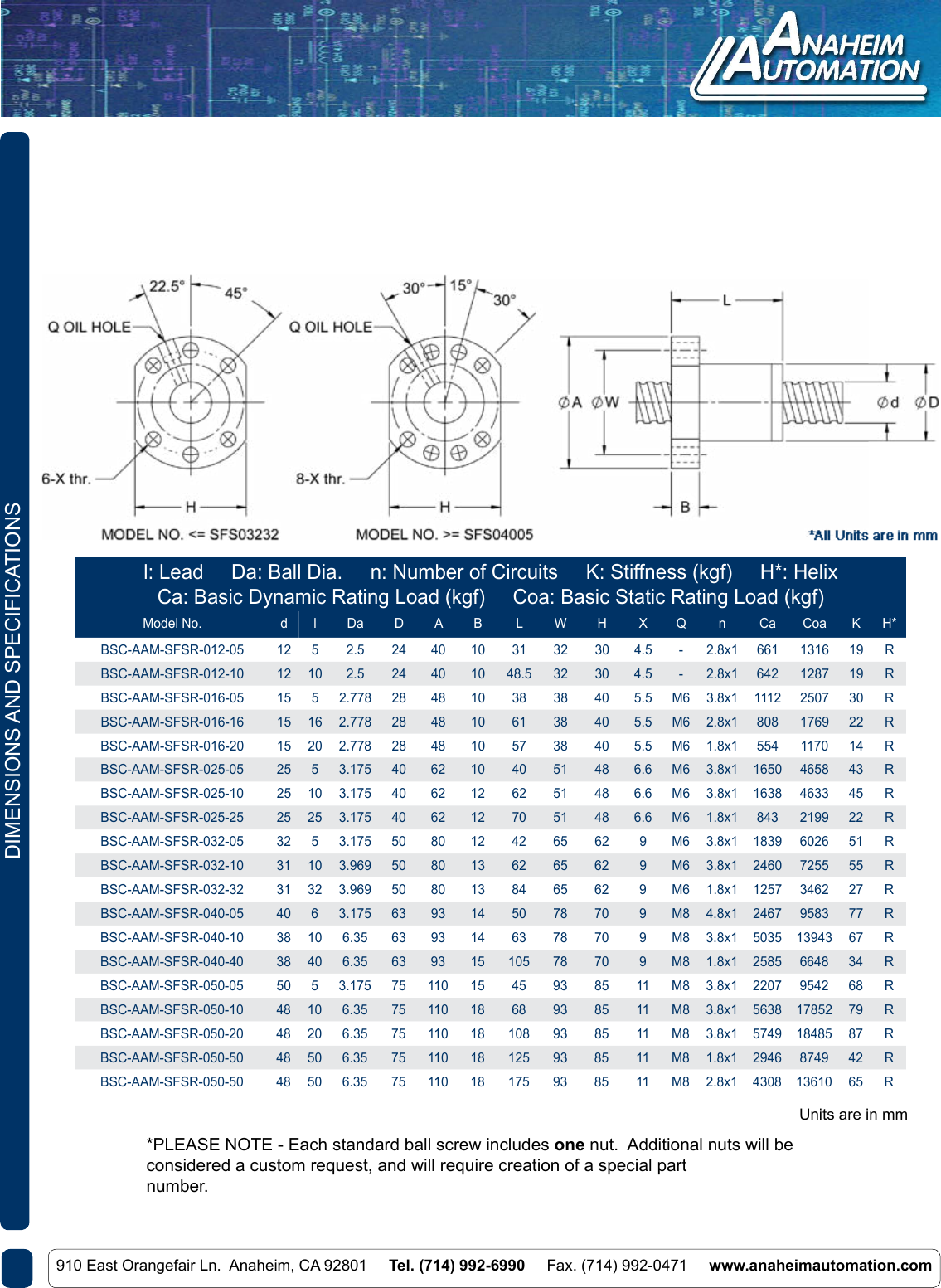 L010973 SFS Ball Screw Spec Sheet