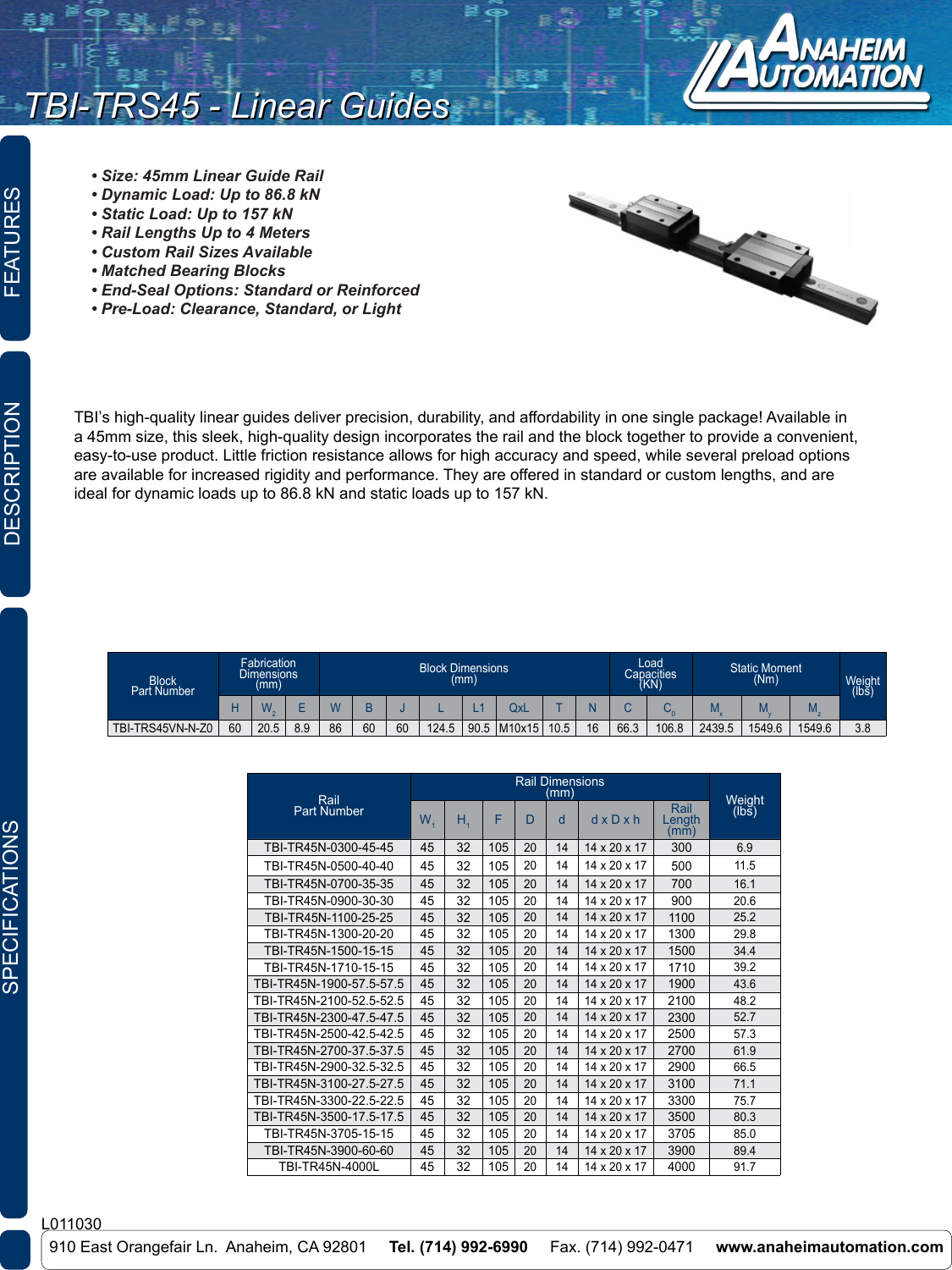 L011030 TBI TRS45 Linear Guide