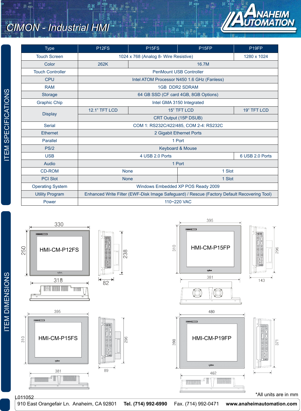L011052 Industrial HMI Spec Sheet
