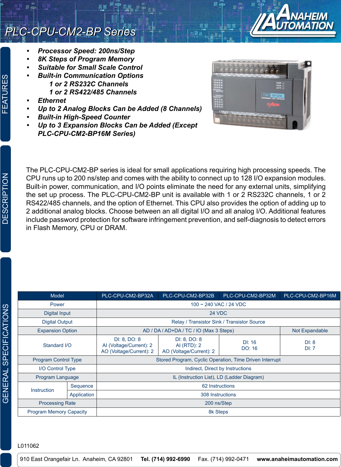 Page 1 of 7 - L011062 - PLC-CPU-CM2 Spec Sheet