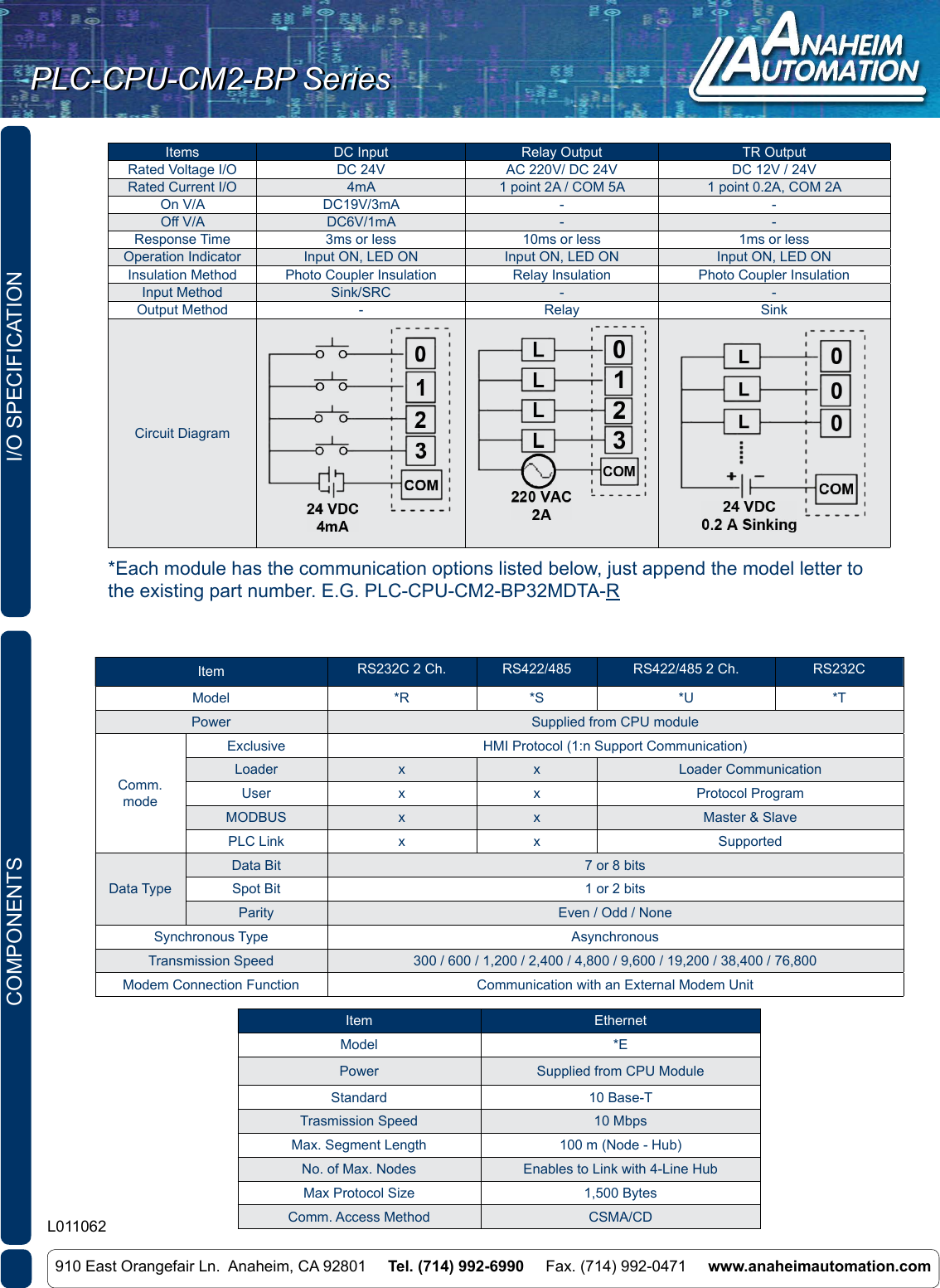 L011062 PLC CPU CM2 Spec Sheet