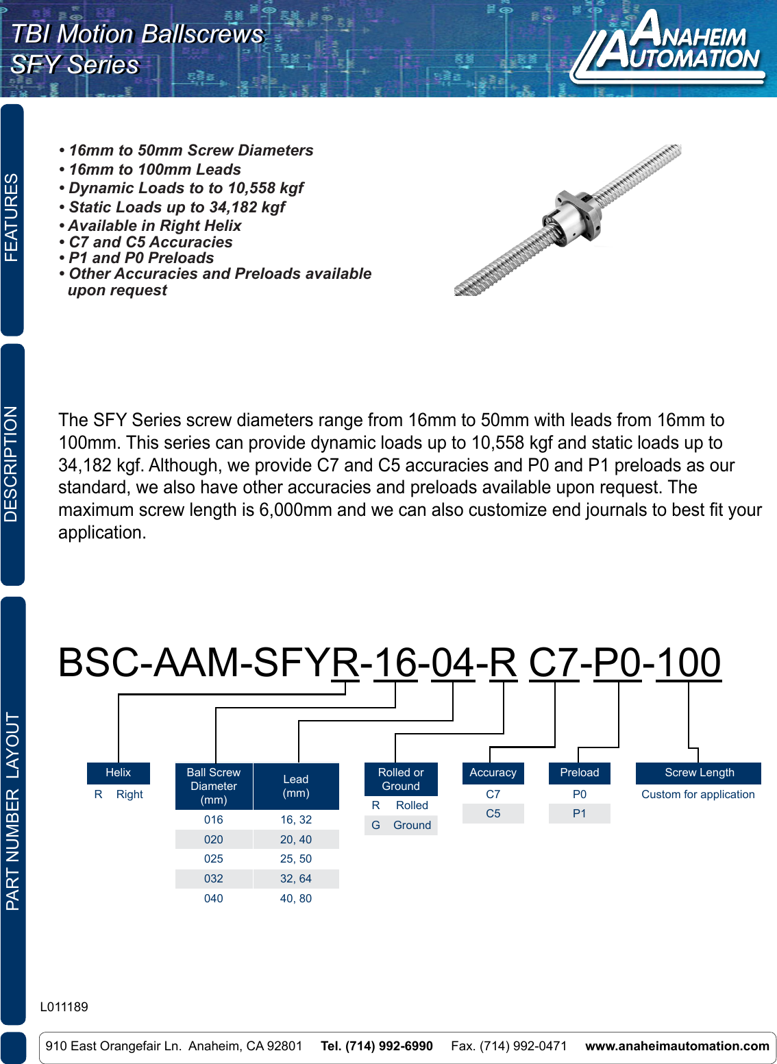 L011189 SFY Ball Screw Spec Sheet