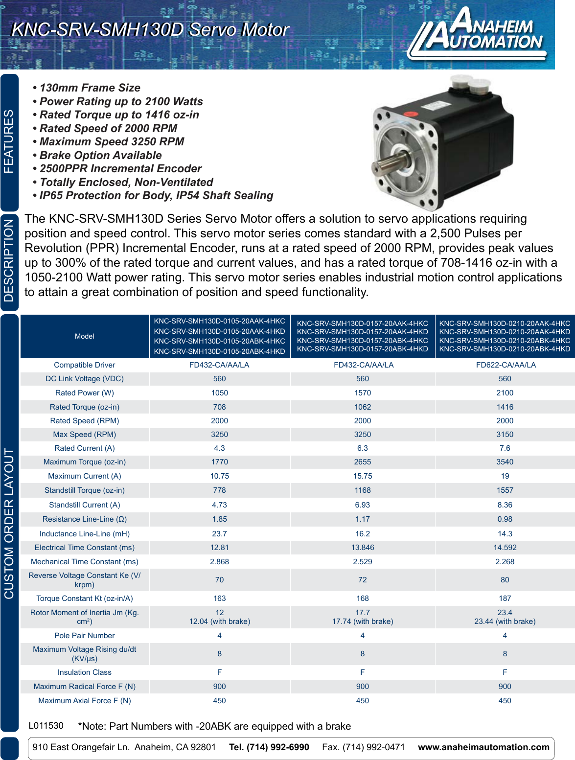 L011530 SMH130D Servo Motor Spec Sheet