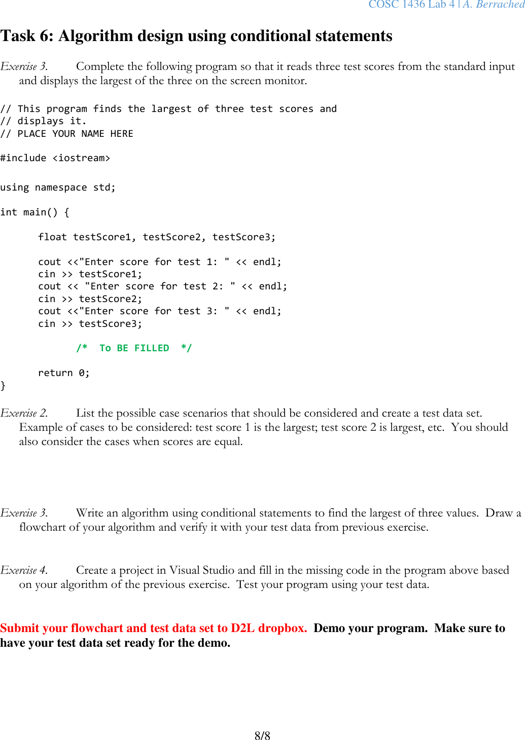 Page 8 of 8 - COSC 1436 Lab 4 Instructions