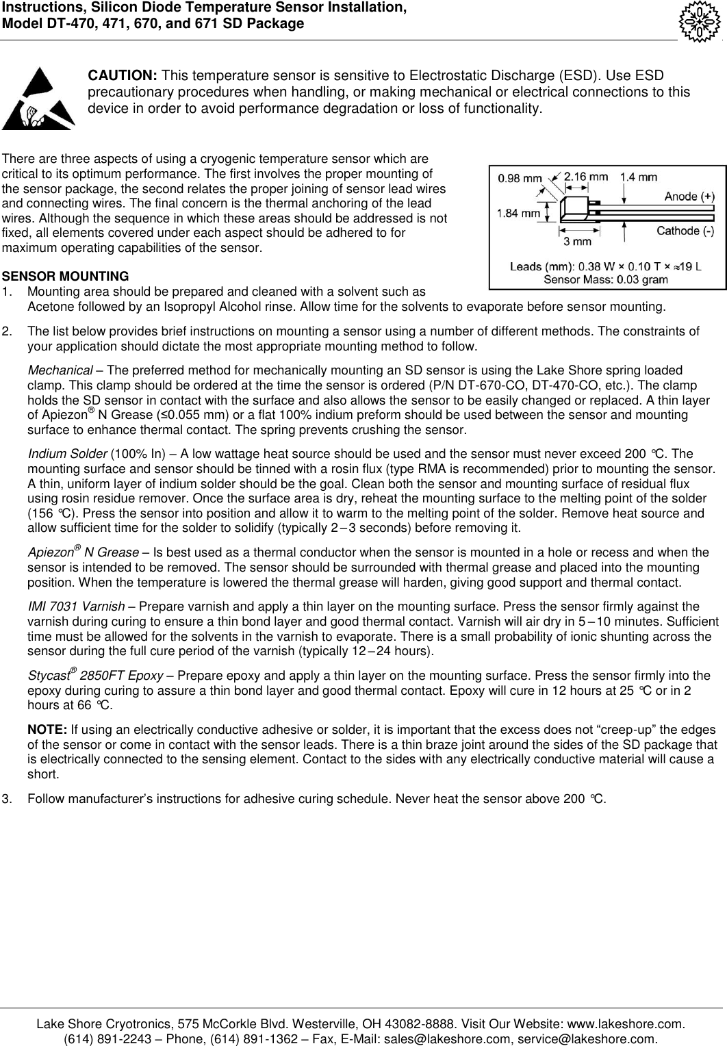 Page 1 of 3 - Instructions, Silicon Diode Temperature Sensor Installation,  DT-470, 471, And 670 SD Package Lake-Shore-DT-470-Install-Instructions-F003-00-00