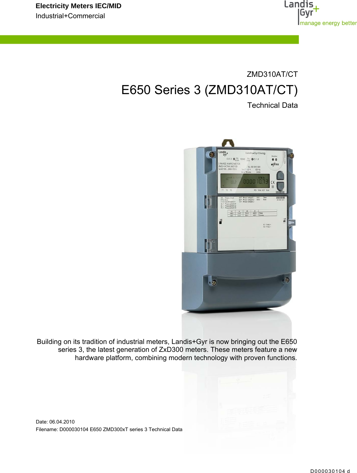 Page 1 of 6 - E650 Series 3 (ZMD310AT/CT) Landis Technical Data