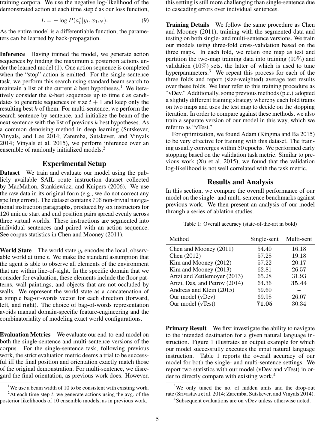 Page 5 of 8 - Listen, Attend, And Walk: Neural Mapping Of Navigational Instructions To Action Sequences Walk