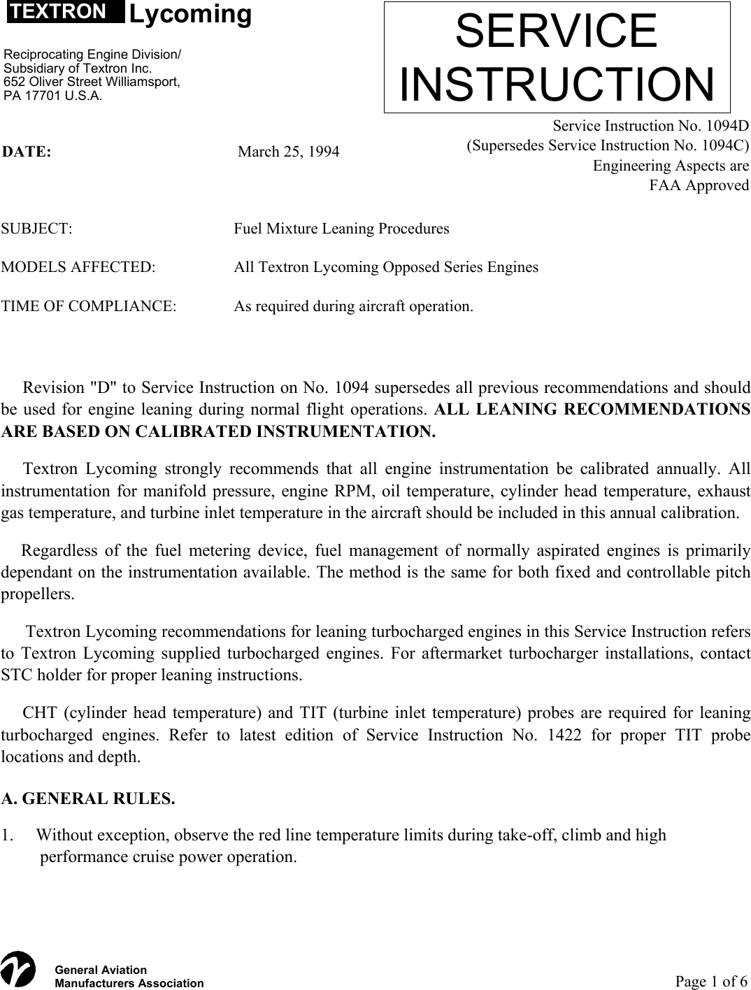 Page 1 of 6 - Lycoming Service Bulletin On Leaning Procedures SI1094D